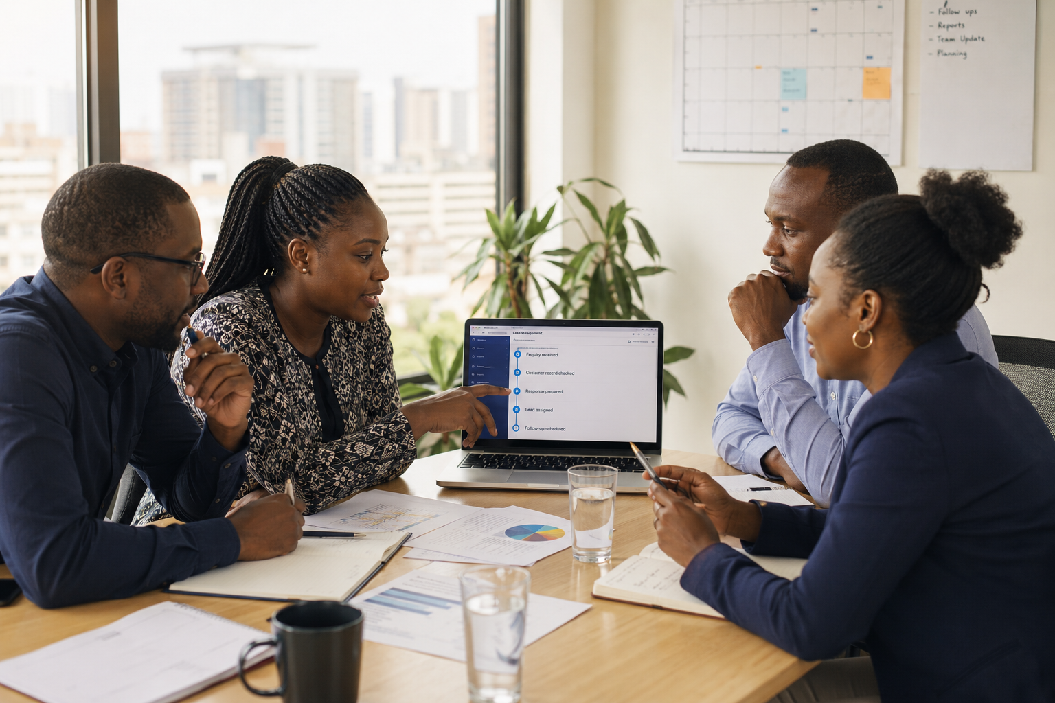 African business professionals reviewing an AI-supported workflow in a modern office