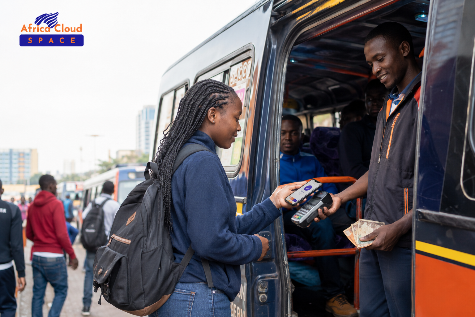 Commuter tapping a phone to pay matatu fare cashlessly on a Nairobi route
