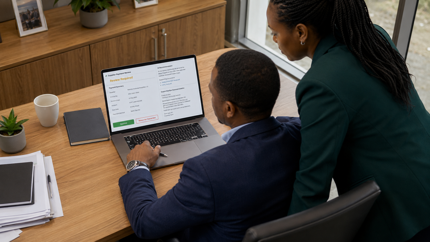 Kenyan business manager reviewing an important AI-recommended action before approval