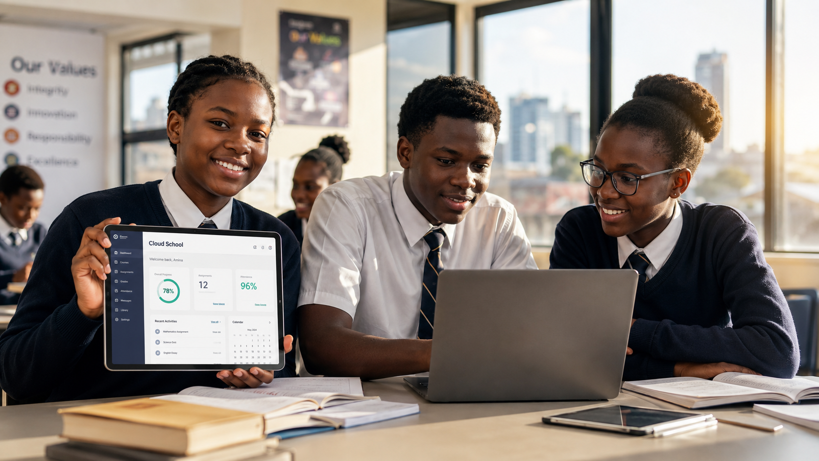 Students reviewing Cloud School System dashboard on a tablet in class