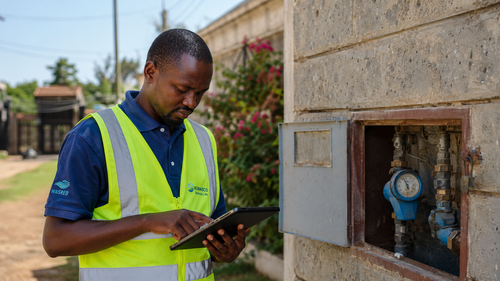 Field technician recording utility meter reading using a tablet