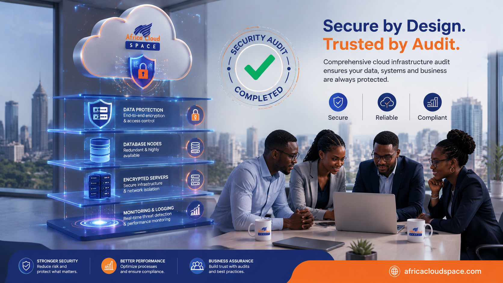 Kenyan business team reviewing cloud security and data protection during a cybersecurity audit