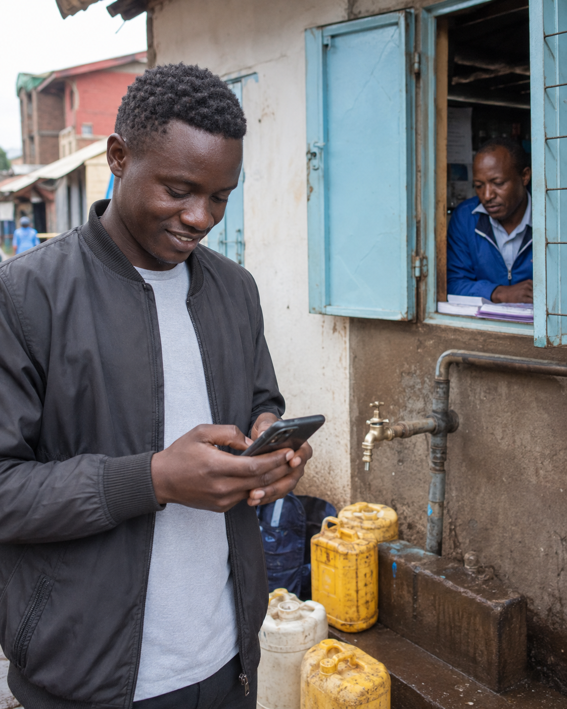 Customer receiving an SMS water bill and paying via M-Pesa through an automated water billing system in Kenya