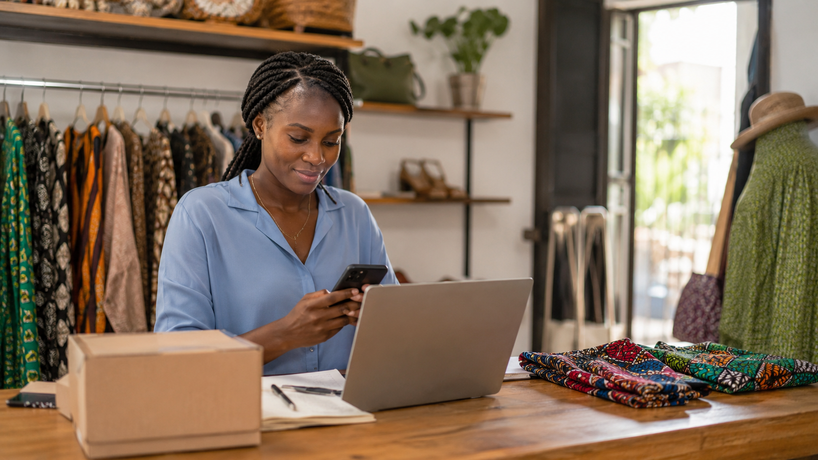 African business owner using digital commerce tools, smartphone messaging and connected business systems