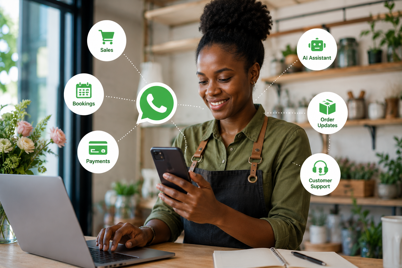WhatsApp-style business platform connecting sales, bookings, payments, AI assistance, order updates and customer support