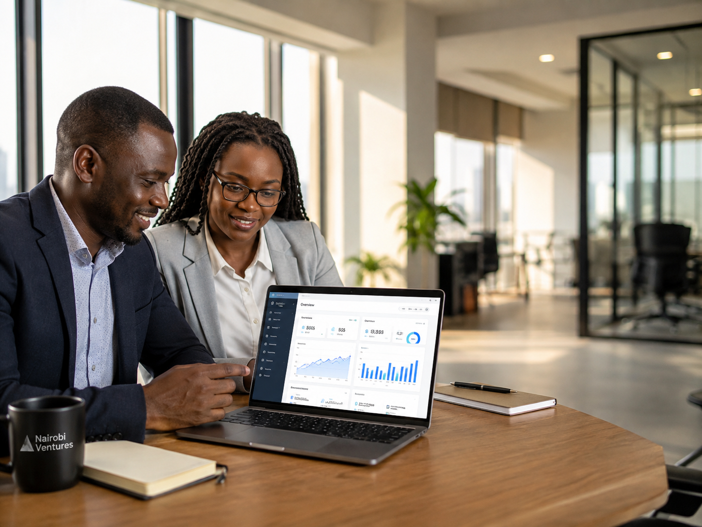African business leaders reviewing AI automation dashboards in a modern office in Kenya