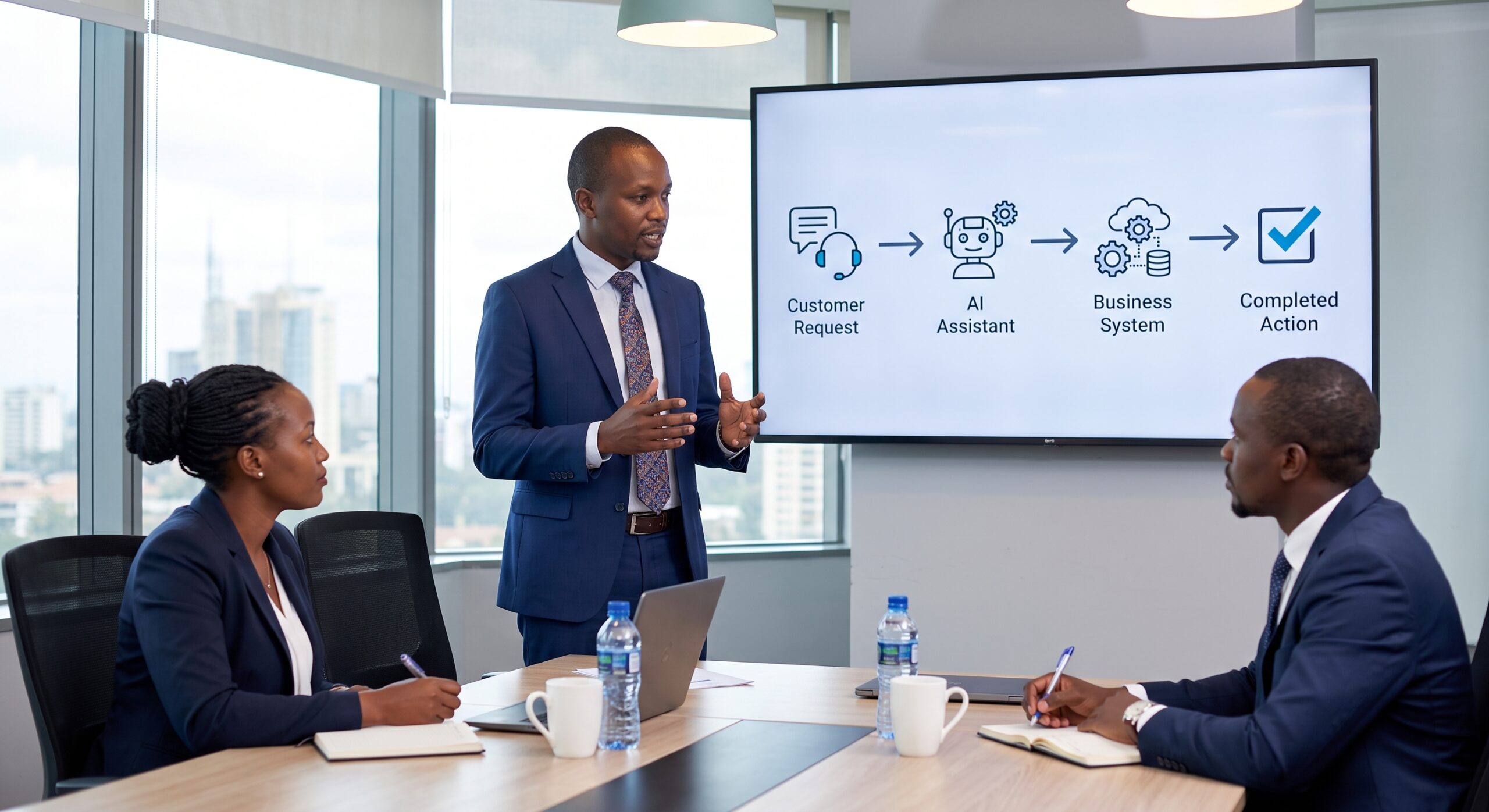 Technology consultant explaining AI agents and workflow automation to business managers in Kenya