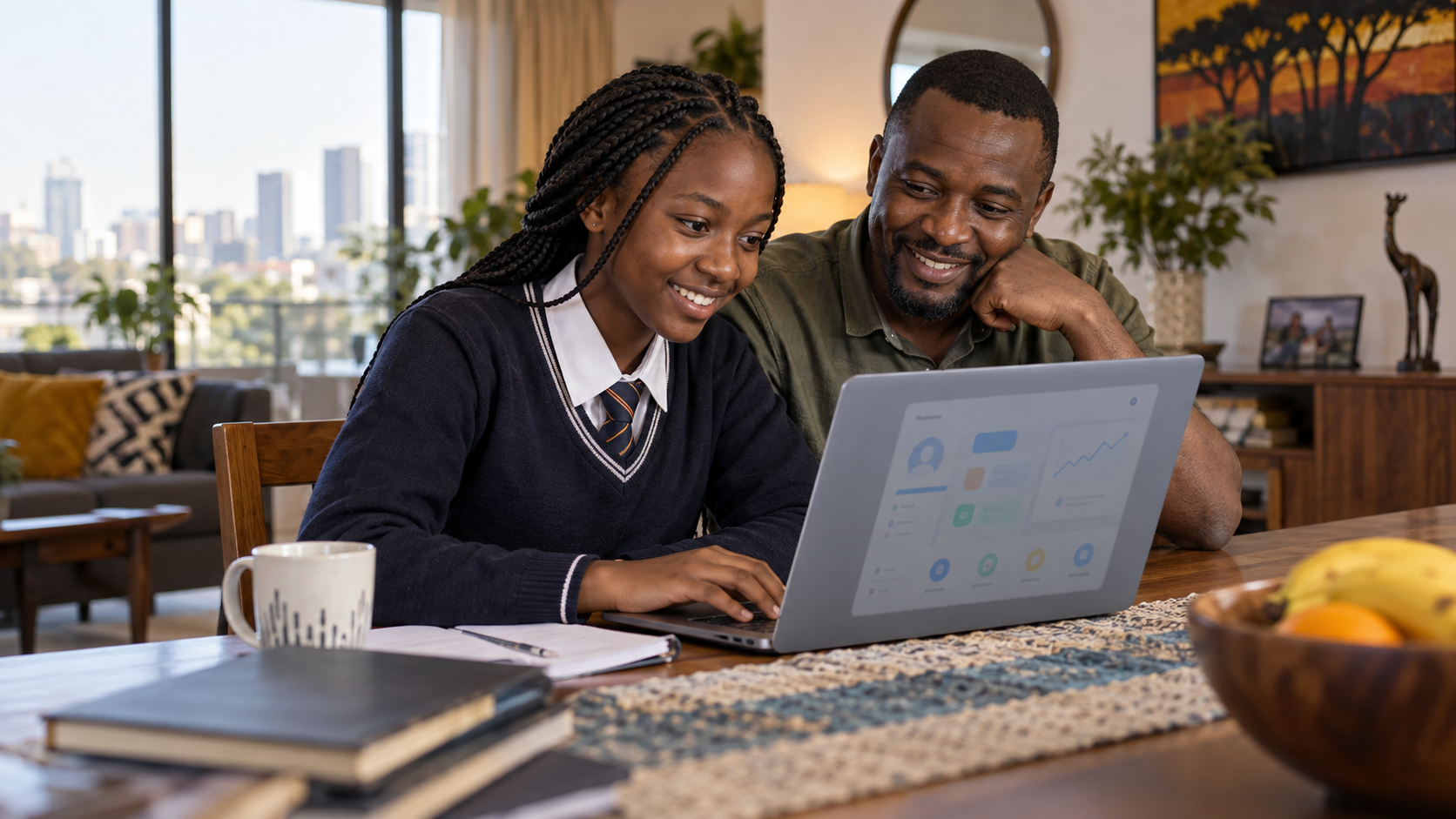Kenyan parent and student reviewing school information together online