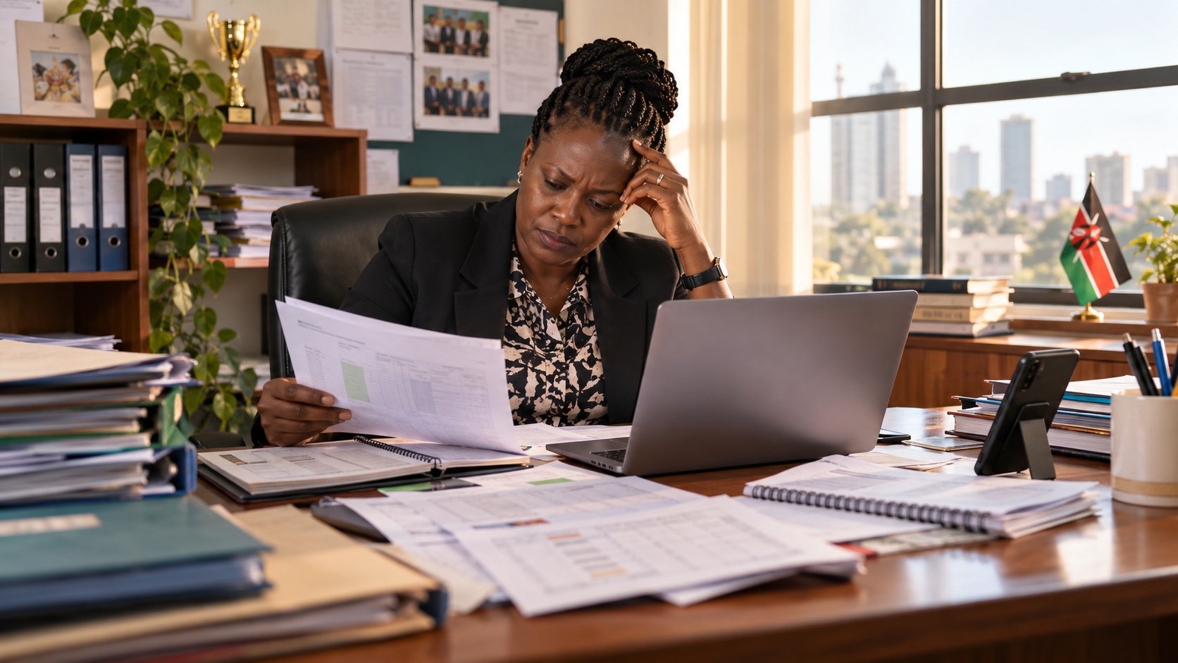 Kenyan school administrator managing paper and digital school records