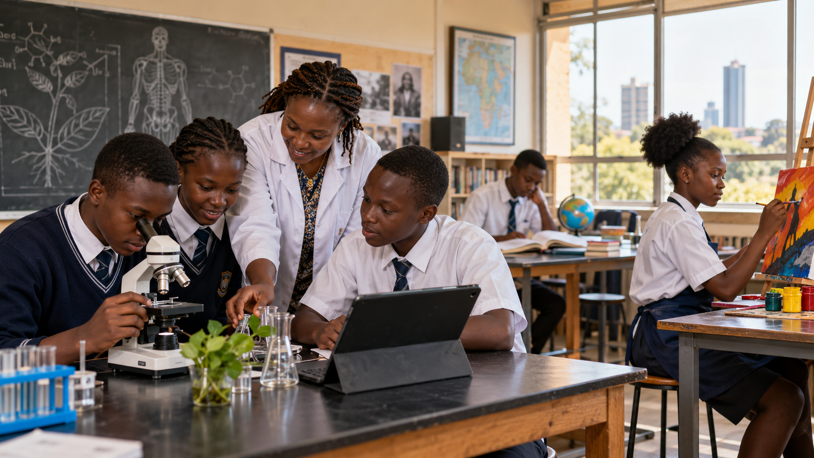Kenyan secondary school students exploring different learning activities with their teacher