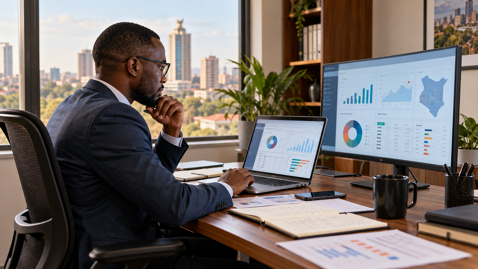 Kenyan business professional reviewing expenditure and invoices with AI-assisted analysis