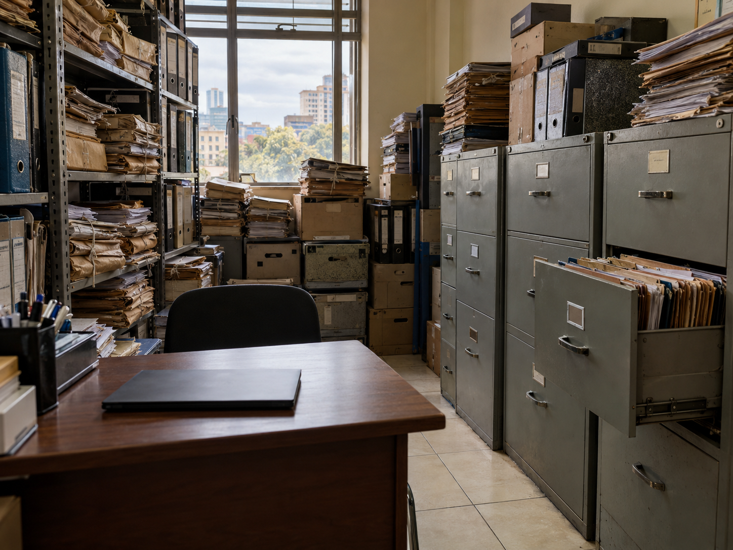 Cluttered office archive room with shelves of paper files that are hard for staff to search