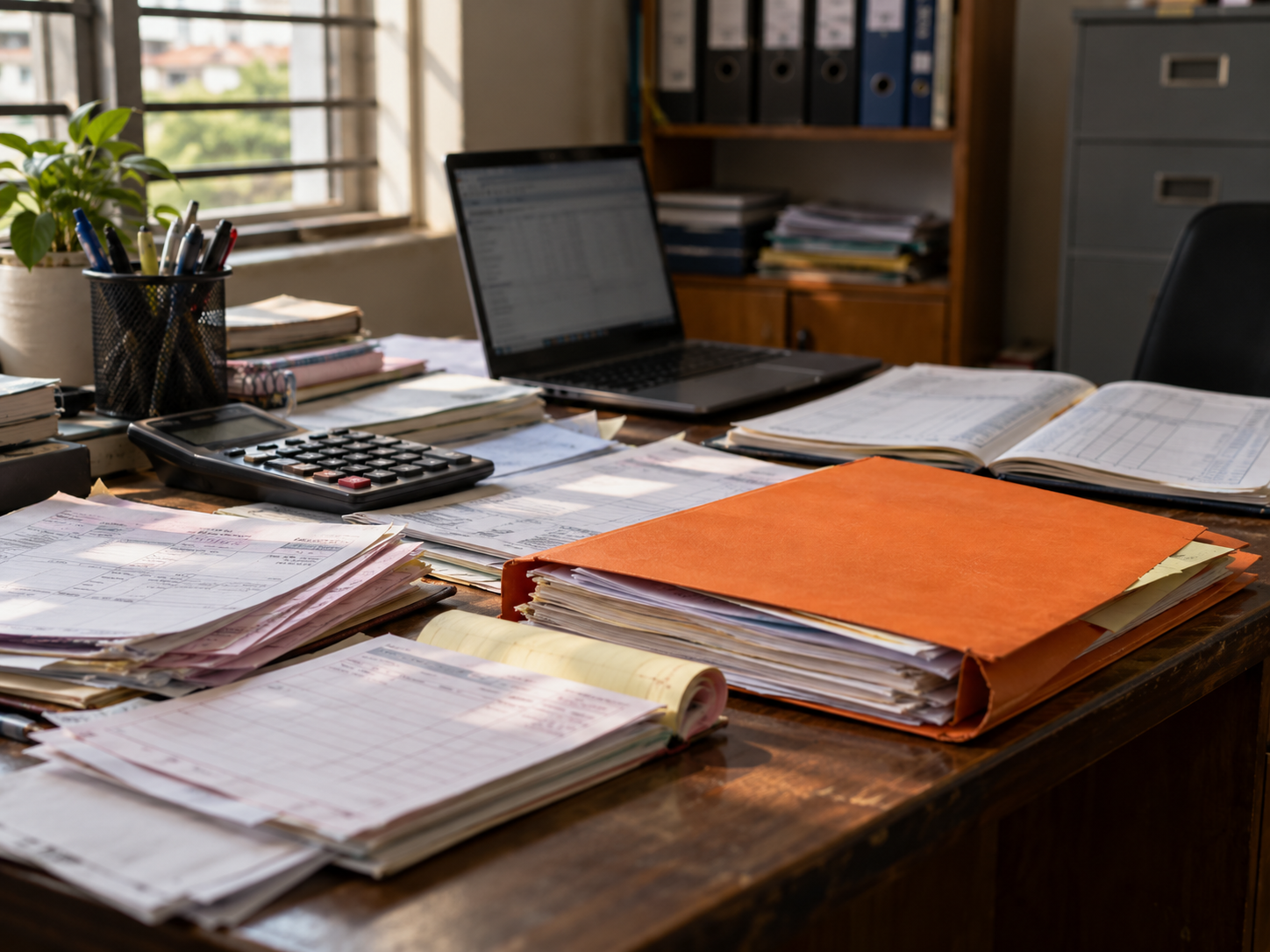 Office desk piled with invoices and paperwork beside an orange folder awaiting the owner's approval