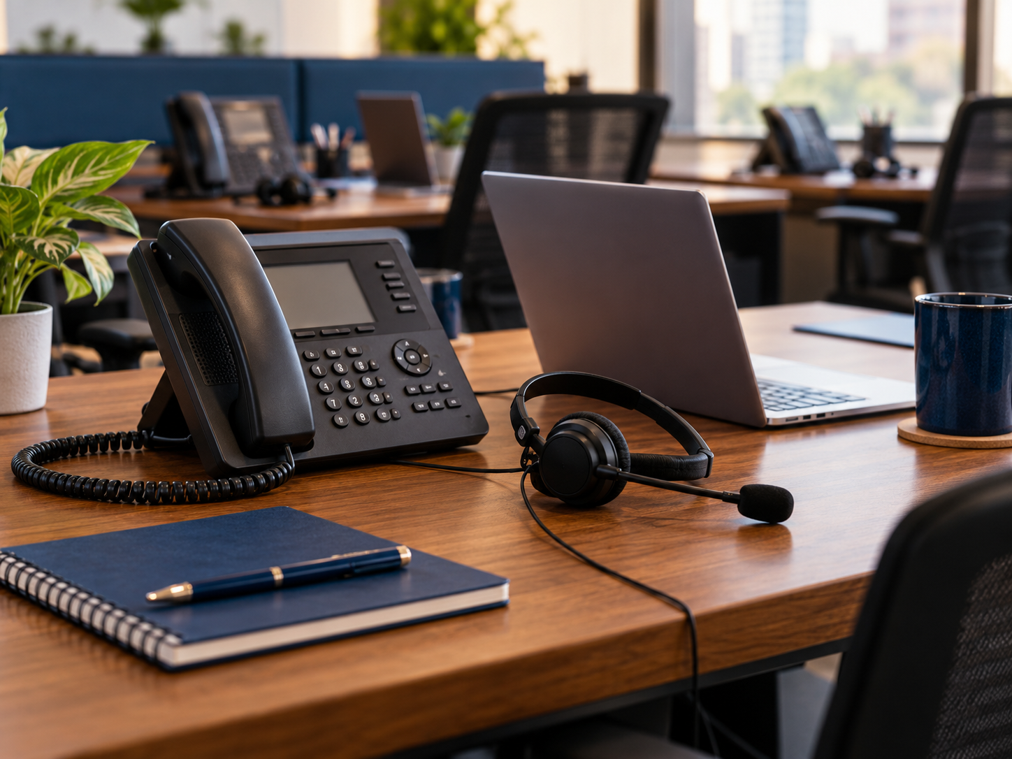 Office desk with a headset and desk phone set up for handling customer calls