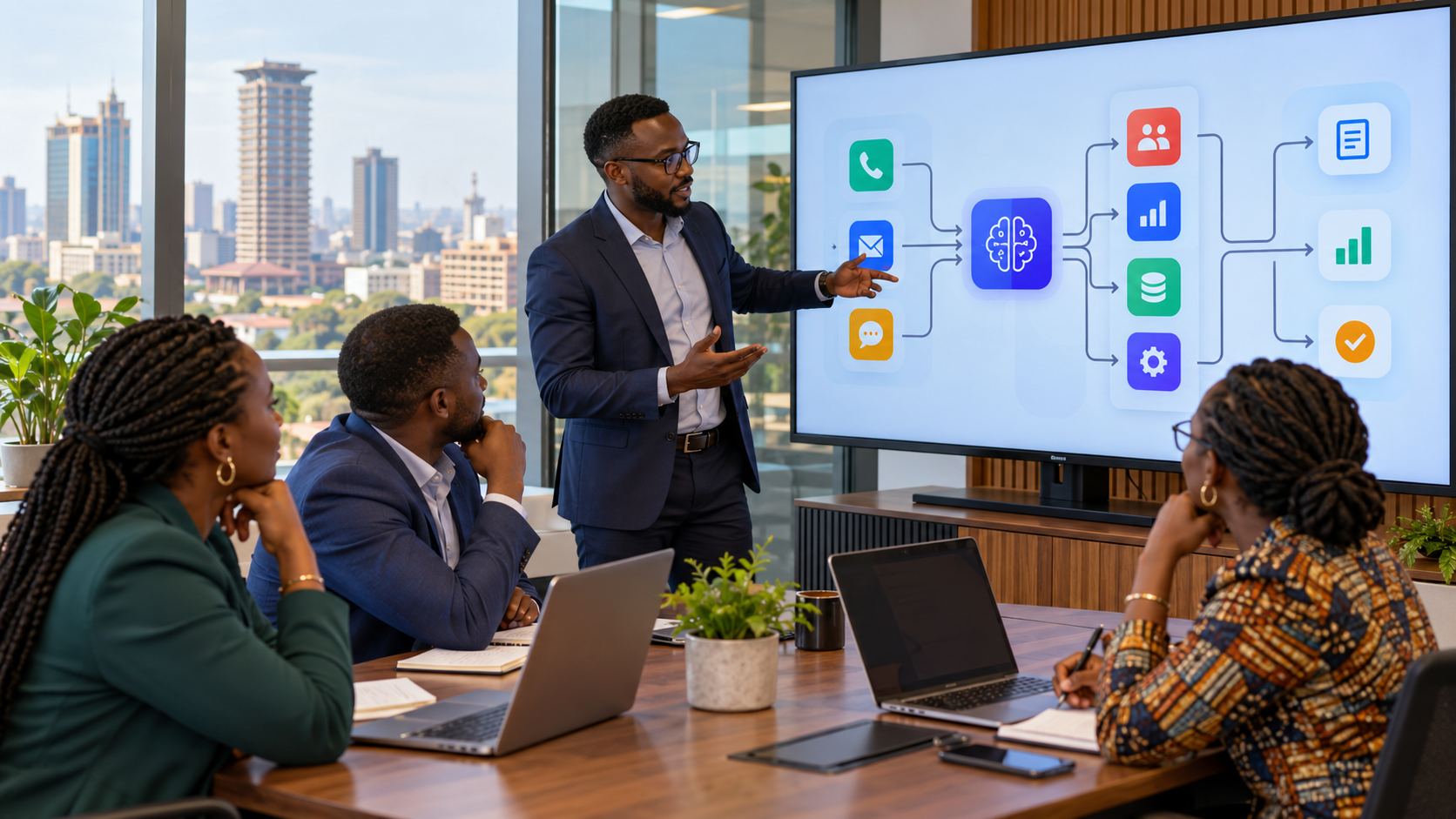 African technology consultant demonstrating an AI workflow that connects several business systems