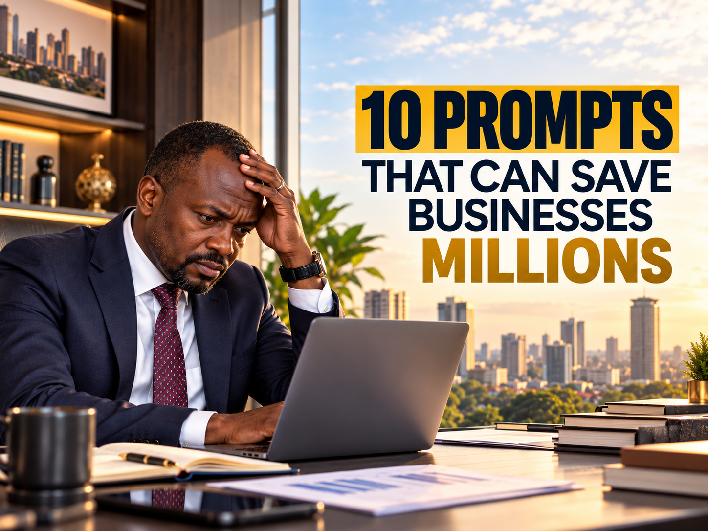 African business leader reviewing company costs at night, using AI to find savings